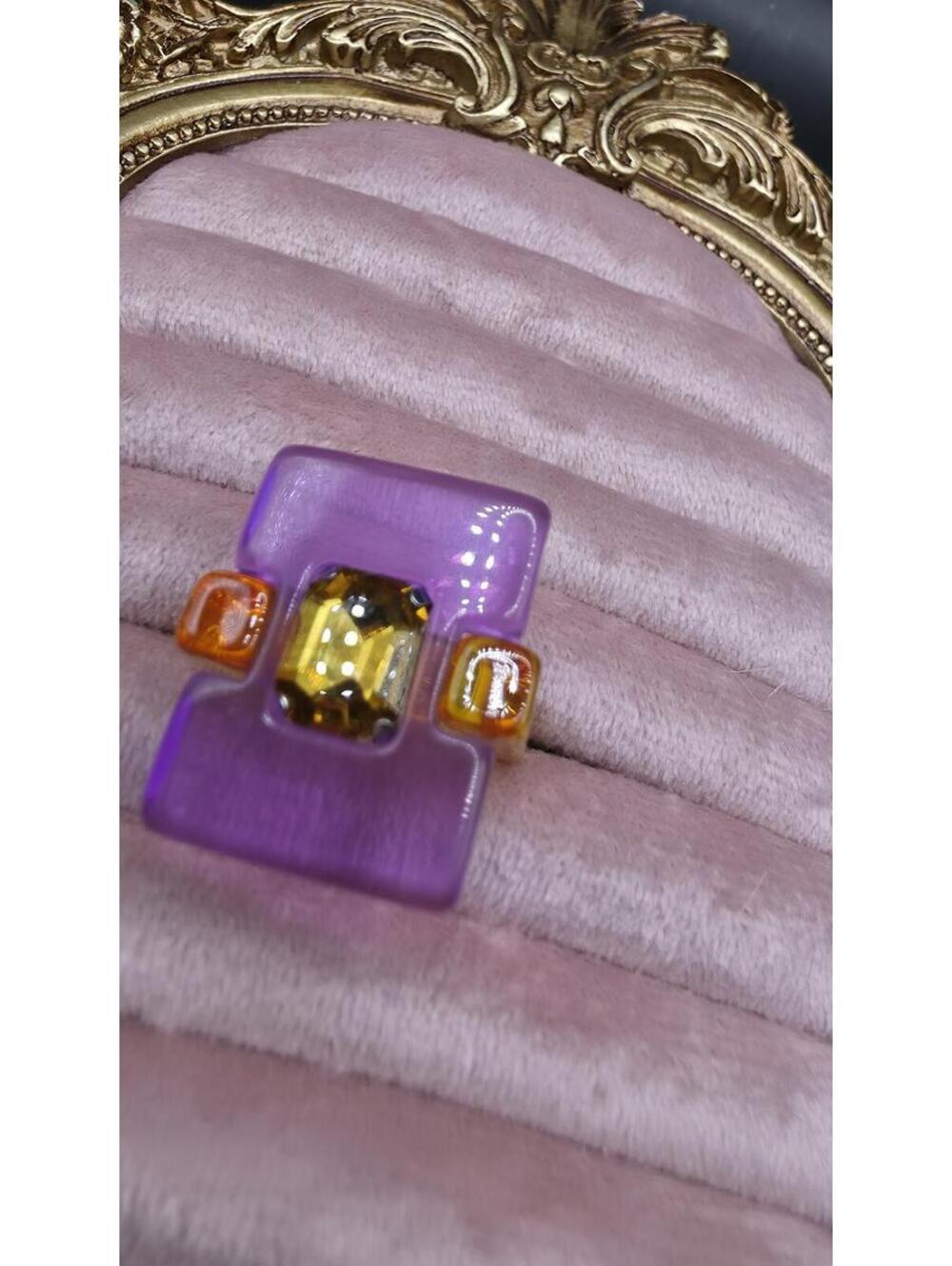 Bold Purple and Amber Resin Statement Ring with Yellow Gemstone